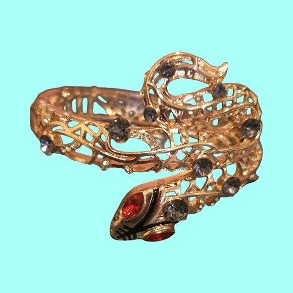 GOLD SNAKE BRACELET W RHINESTONES  7 INCHES - Picture 2 of 4